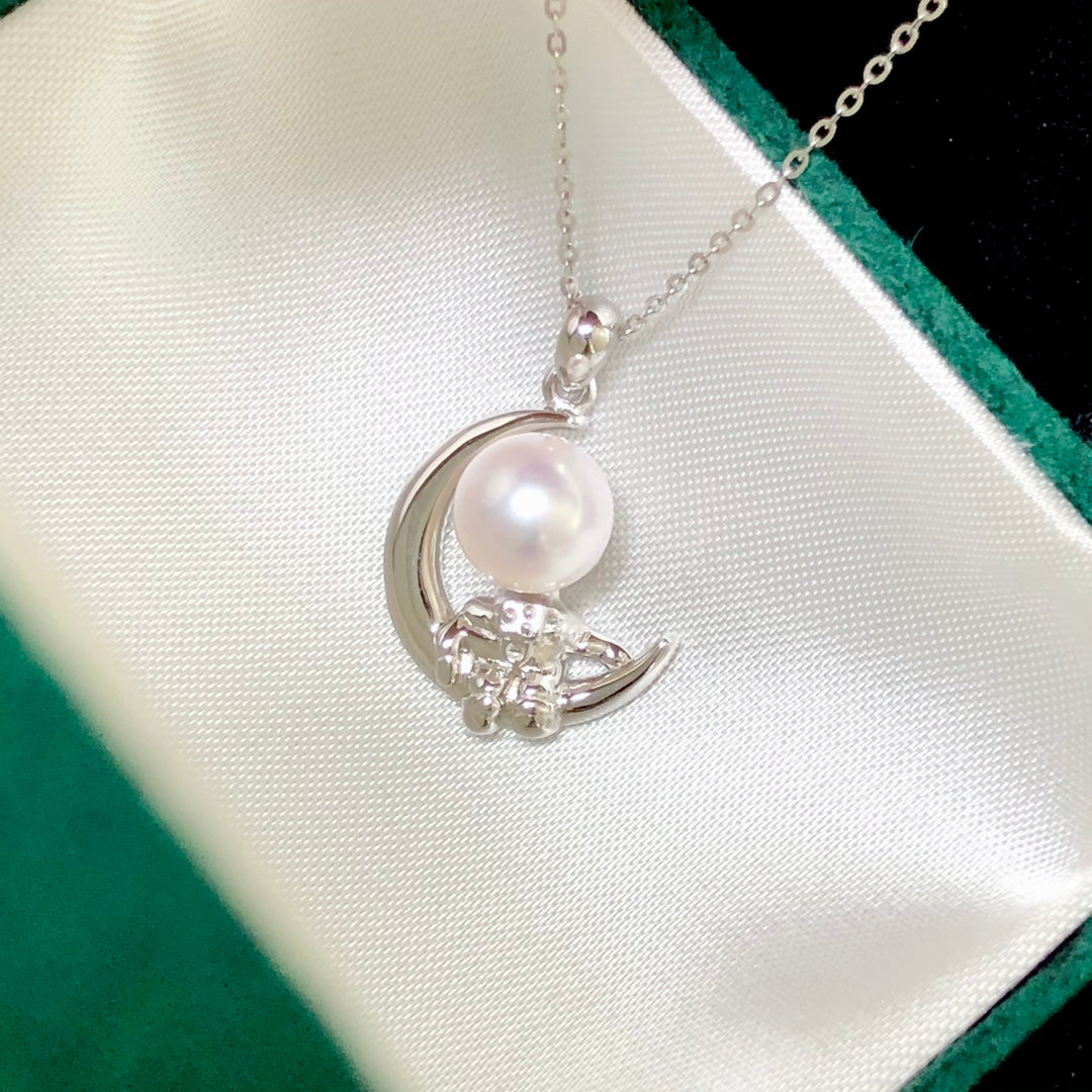 Moon Pendant 925 Sterling Silver Accessories 8mm (Pearls Not Included)