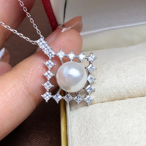 Square Pendant 925 Sterling Silver Accessories 9mm (Pearls Not Included)