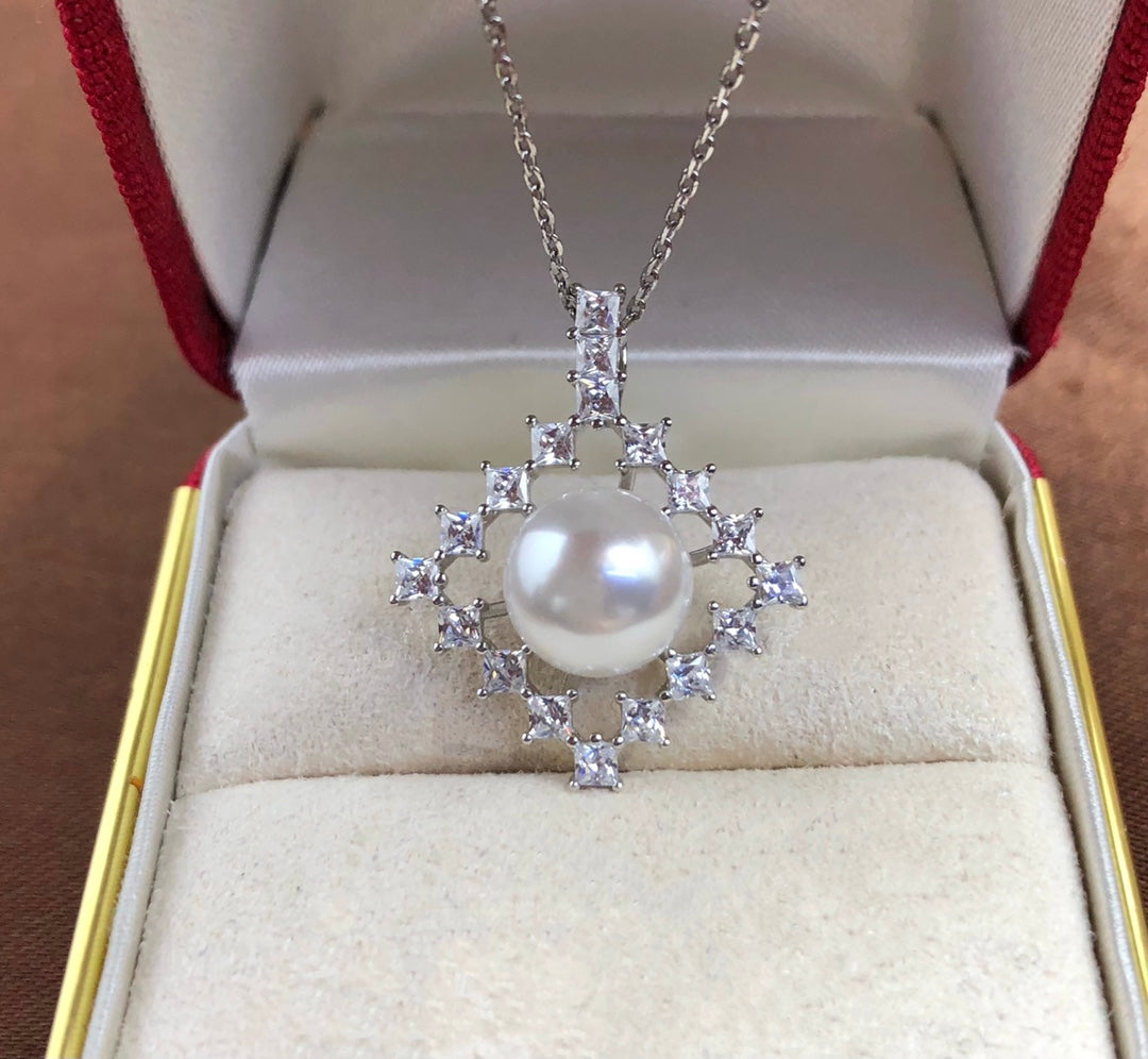 Square Pendant 925 Sterling Silver Accessories 9mm (Pearls Not Included)