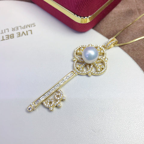 Key Pendant 925 Sterling Silver Accessories 9mm (Pearls Not Included)
