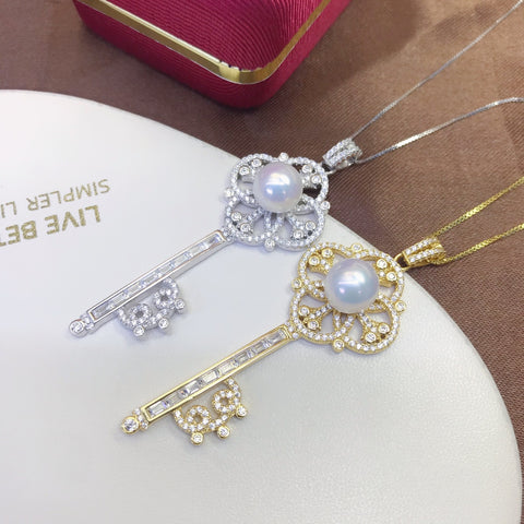 Key Pendant 925 Sterling Silver Accessories 9mm (Pearls Not Included)