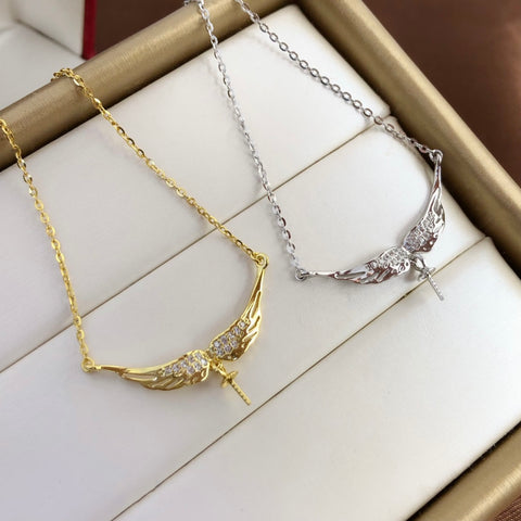 Wing Necklace 925 Sterling Silver Accessories 12mm(Pearls Not Included)
