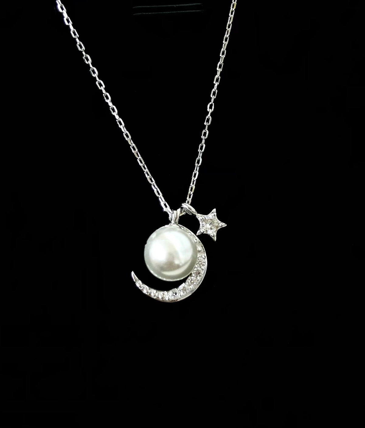 Moon & Star Necklace 925 Sterling Silver Accessories 8mm(Pearls Not Included)