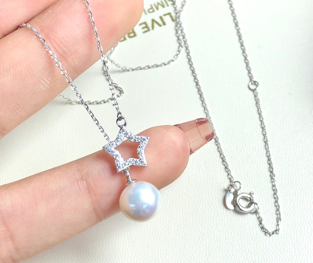 Star Necklace 925 Sterling Silver Accessories 9mm(Pearls Not Included)