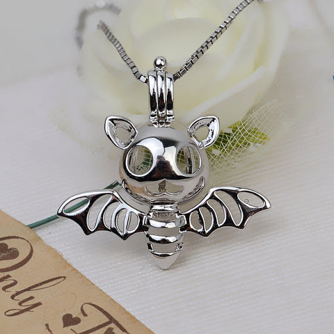 Halloween Bat Pendant Necklace Pearl Cage S925 Silver （Not including the pearls）