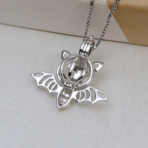 Halloween Bat Pendant Necklace Pearl Cage S925 Silver （Not including the pearls）