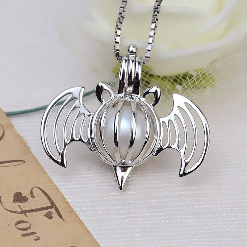 Gothic Bat Pendant Pearl Necklace Cage S925 Silver（Not including the pearls）