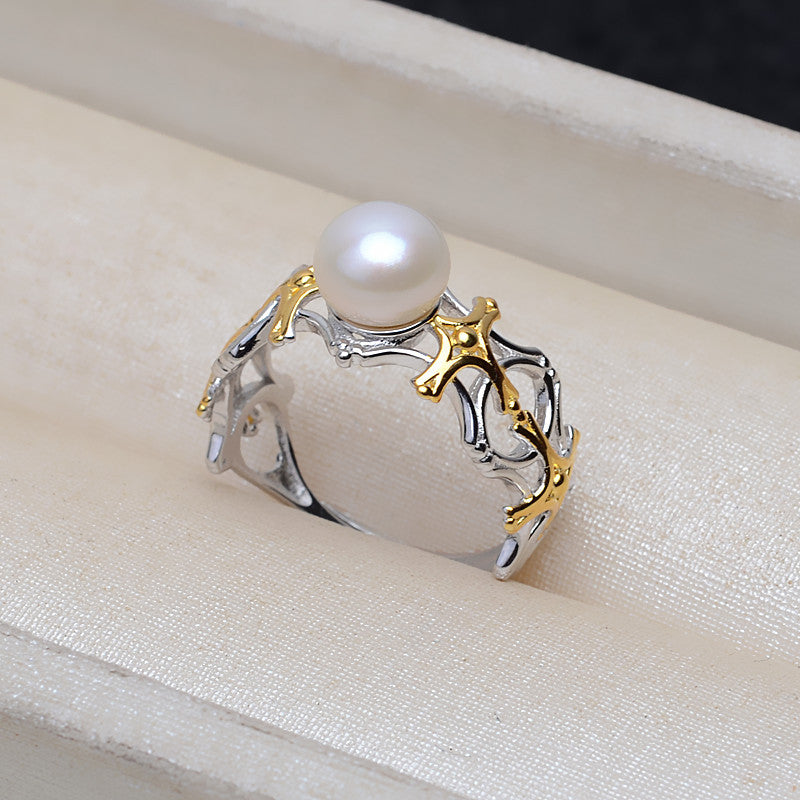 Hollow Two-color Rings 925 Sterling Silver Accessories 7-10mm (Pearls Not Included)