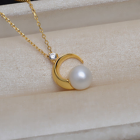 Moon Shape Pearl Necklace 925 Sterling Silver Accessories 45cm (Pearls Not Included)